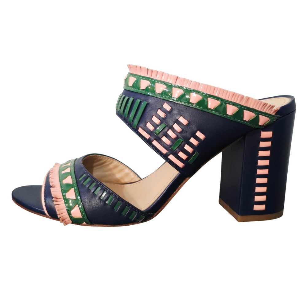 Tory Burch Navy Blue Woven Leather Block Heel Mules Sandals 6M 35899